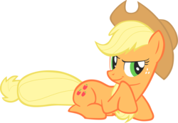 Size: 4173x2890 | Tagged: safe, artist:greseres, applejack, earth pony, pony, g4, female, freckles, hat, high res, mare, prone, simple background, smiling, smirk, solo, transparent background, vector