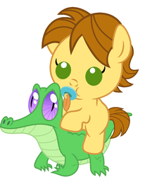 Size: 836x1017 | Tagged: safe, artist:red4567, gummy, mandopony, pony, g4, baby, baby pony, cute, pacifier, ponies riding gators, riding, simple background, white background