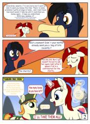 Size: 4000x5500 | Tagged: safe, artist:pananovich, tag-a-long, oc, oc:shadowmoon, oc:silver draw, earth pony, pegasus, pony, unicorn, comic:b.d.s.m., g4, absurd resolution, bag of money, comic, dialogue, female, filly guides, freckles, magic, male, mare, shadraw, stallion