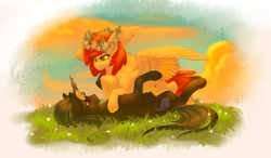 Size: 3415x2000 | Tagged: safe, artist:nightskrill, oc, oc only, pegasus, pony, unicorn, colt, commission, female, floral head wreath, flower, grass, high res, looking at each other, lying down, male, mare, oc x oc, on back, prone, shipping, smiling, straight