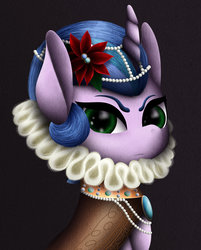 Size: 1024x1271 | Tagged: safe, artist:muddy-waters, oc, oc only, oc:princess vesper, pony, clothes, collar, curved horn, dress, elizabethan, flower, flower in hair, horn, ruff (clothing), solo
