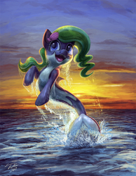Size: 900x1158 | Tagged: safe, artist:tsitra360, oc, oc only, oc:marina (efnw), merpony, orca pony, original species, female, jumping, looking at you, mare, solo, sunset, water