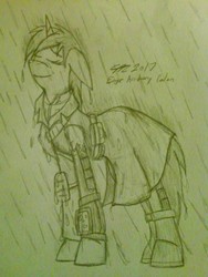 Size: 960x1280 | Tagged: safe, artist:derpanater, oc, oc only, oc:littlepip, pony, unicorn, fallout equestria, armor, clothes, coat, dripping, eyes closed, fanfic, fanfic art, female, floppy ears, hooves, horn, jumpsuit, mare, pipbuck, rain, simple background, smiling, solo, standing in the rain, traditional art, vault suit, white background