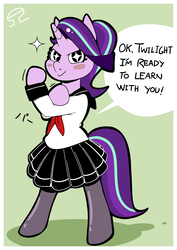 Size: 2480x3507 | Tagged: safe, artist:alvh-omega, starlight glimmer, pony, unicorn, g4, bipedal, clothes, cute, female, friendship, high res, pleated skirt, rosie the riveter, school uniform, schoolgirl, simple background, skirt, solo, stockings, thigh highs, we can do it!