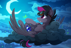 Size: 2100x1417 | Tagged: safe, artist:yakovlev-vad, oc, oc only, oc:elusion crest, firefly (insect), pegasus, pony, cloud, colored pupils, crescent moon, cutie mark, ear fluff, goggles, grin, hooves, lying down, lying on a cloud, male, moon, night, night sky, on a cloud, on back, smiling, solo, stallion, stars, wings