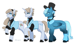 Size: 1878x1119 | Tagged: safe, artist:buryooooo, earth pony, pony, unicorn, bowtie, clothes, crossover, dipper gleeful, female, gravity falls, hat, looking at you, mabel gleeful, male, mare, ponified, raised hoof, reverse falls, simple background, smiling, stallion, top hat, trio, will cipher