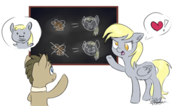 Size: 1915x1169 | Tagged: safe, artist:pucksterv, derpy hooves, doctor whooves, time turner, earth pony, pegasus, pony, g4, chalkboard, duo, female, food, heart, male, mare, muffin, pictogram, signature, simple background, stallion, white background