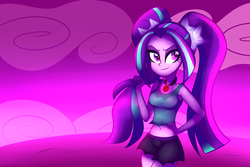 Size: 1024x684 | Tagged: dead source, safe, artist:wubcakeva, aria blaze, equestria girls, g4, my little pony equestria girls: rainbow rocks, belly button, clothes, color porn, cute, eyeshadow, featured image, female, hand on hip, jewelry, makeup, midriff, pendant, pigtails, skirt, smiling, solo, tank top, twintails