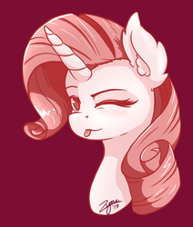 Size: 1221x1437 | Tagged: safe, artist:zyncrus, rarity, pony, unicorn, g4, bust, female, monochrome, one eye closed, red background, simple background, solo, tongue out