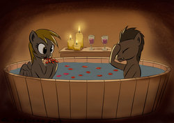Size: 1144x804 | Tagged: safe, artist:el-yeguero, derpy hooves, doctor whooves, time turner, pegasus, pony, g4, bath, candle, eating, eyes closed, facehoof, female, glass, horses doing horse things, male, mare, petals, sharing a bath, ship:doctorderpy, shipping, stallion, straight, wine glass