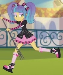 Size: 280x333 | Tagged: safe, screencap, pixel pizazz, equestria girls, g4, photo finished, clothes, cropped, eyeshadow, female, lidded eyes, makeup, shoes, soccer field, socks, solo, spotlight