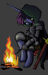 Size: 1242x1920 | Tagged: safe, artist:fauxsquared, princess luna, alicorn, anthro, unguligrade anthro, luna-afterdark, g4, armor, campfire, cloak, clothes, female, fire, sad, solo