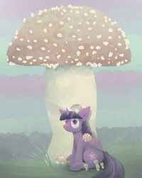 Size: 800x1000 | Tagged: safe, artist:archego-art, twilight sparkle, alicorn, pony, g4, amanita, colored pupils, crying, female, fly agaric, giant mushroom, looking at you, mushroom, sitting, solo, teary eyes, twilight sparkle (alicorn)