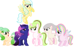 Size: 1636x1038 | Tagged: safe, artist:duyguusss, oc, oc only, oc:dakota chaos, oc:galaxy, oc:gravity sparkle, oc:jelly river, oc:minty wind, oc:pastel rainbow, earth pony, pegasus, pony, unicorn, base used, female, mare, simple background, transparent background