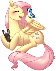 Size: 923x1170 | Tagged: safe, artist:mischeivousfoxx, fluttershy, pony, rabbit, g4, eyes closed, female, happy, holding, listening, open mouth, prone, simple background, smiling, solo, spread wings, transparent background, turned head, wings
