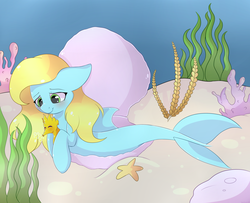 Size: 1600x1300 | Tagged: safe, artist:adostume, oc, oc only, oc:bubble, merpony, pony, seahorse, seapony (g4), starfish, blushing, commission, coral, crepuscular rays, dorsal fin, female, fish tail, green eyes, ocean, sand, seaweed, shell, smiling, solo, tail, underwater, water, yellow mane
