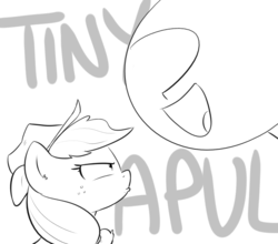 Size: 640x563 | Tagged: safe, artist:shoutingisfun, applejack, oc, oc:anon, human, pony, g4, appletini, appul, micro, monochrome, simple background, this will end in angry countryisms, this will end in pain and/or angry countryisms, unamused, white background