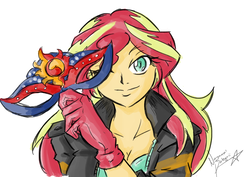 Size: 1748x1240 | Tagged: safe, artist:nayaasebeleguii, sunset shimmer, equestria girls, g4, clothes, jacket, mask, masked shimmer, one eye closed, persona 5, phantom thieves, simple background, smiling, solo, white background, wink
