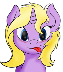 Size: 2550x2904 | Tagged: safe, artist:maximus, oc, oc only, oc:drawing heart/alcestis, pony, unicorn, blushing, bust, female, high res, looking at you, mare, portrait, silly, silly face, silly pony, simple background, smiling, solo, tongue out, transparent background