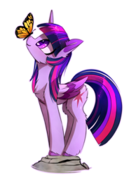 Size: 1719x2220 | Tagged: safe, artist:magnaluna, twilight sparkle, alicorn, butterfly, pony, g4, balancing, butterfly on nose, cheek fluff, chest fluff, colored wings, colored wingtips, cute, ear fluff, eyes on the prize, female, fluffy, heart eyes, insect on nose, leg fluff, looking up, mare, rock, shoulder fluff, simple background, smiling, solo, transparent background, twiabetes, twilight sparkle (alicorn), unshorn fetlocks, wingding eyes