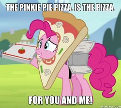 Size: 600x535 | Tagged: source needed, safe, edit, edited screencap, screencap, pinkie pie, earth pony, pony, g4, rock solid friendship, season 7, cropped, female, food, mare, memeful.com, pizza, pizza box, pizza delivery, pizza head, pizza pie, reference, solo, spongebob squarepants