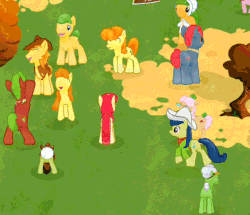 Size: 600x516 | Tagged: safe, gameloft, apple bumpkin, apple cinnamon, apple leaves, apple split, auntie applesauce, braeburn, caramel apple, carrot top, fiddlesticks, golden harvest, goldie delicious, granny smith, hayseed turnip truck, uncle orange, changeling, earth pony, pony, g4, animated, apple family member, background pony, disguise, disguised changeling, female, game, gif, male, mare, stallion