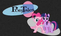 Size: 1642x992 | Tagged: safe, artist:ianpony98, pinkie pie, twilight sparkle, earth pony, pony, unicorn, g4, duo, looking at you, promo, raised hoof, smiling, take 38, title card, unicorn twilight, veggietales