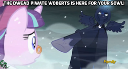 Size: 1024x559 | Tagged: safe, edit, edited screencap, screencap, princess luna, snowfall frost, spirit of hearth's warming yet to come, starlight glimmer, pony, a hearth's warming tail, g4, andre the giant, caption, discovery family logo, frown, glare, glowing horn, horn, magic, pointing, snow, snowfall, spread wings, the princess bride, wings
