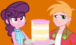 Size: 990x582 | Tagged: safe, artist:ironm17, artist:themexicanpunisher, big macintosh, sugar belle, equestria girls, g4, cake, cute, dessert, equestria girls-ified, female, food, freckles, male, plate, request, ship:sugarmac, shipping, simple background, straight