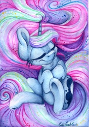 Size: 1725x2444 | Tagged: safe, artist:cutepencilcase, princess luna, alicorn, pony, g4, eyes closed, female, freckles, on back, sleeping, solo, traditional art, underhoof, watercolor painting