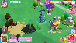 Size: 1920x1080 | Tagged: safe, gameloft, fluttershy, starlight glimmer, thorax, twilight velvet, g4, balloon, canterlot, changeling hive, female, game screencap, group, hot air balloon, male, screenshots