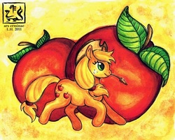 Size: 700x562 | Tagged: safe, artist:ars-erminae, applejack, earth pony, pony, g4, apple, applejack's hat, cowboy hat, female, food, freckles, giant apple, hat, mare, marker drawing, solo, straw, traditional art