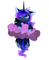 Size: 1901x2295 | Tagged: safe, artist:magnaluna, princess luna, alicorn, pony, :<, blushing, cheek fluff, chibi, cloud, crown, curved horn, cute, ear fluff, female, galaxy mane, hang in there, hanging, heart, heart eyes, jewelry, leg fluff, lunabetes, mare, one eye closed, regalia, simple background, solo, transparent background, wingding eyes