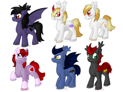 Size: 1024x768 | Tagged: safe, artist:usagi-zakura, oc, oc only, oc:diphylla, oc:enthrall, oc:hunter, oc:nightsong, oc:scarlet heart, oc:strawberry, bat pony, changeling, pony, unicorn, changeling oc, curved horn, disguise, disguised changeling, horn, simple background, white background