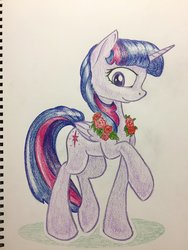 Size: 1024x1365 | Tagged: safe, artist:grokostimpy, twilight sparkle, alicorn, pony, g4, female, flower, looking at you, mare, notebook, raised hoof, simple background, solo, traditional art, twilight sparkle (alicorn)