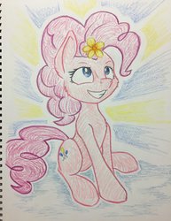 Size: 1024x1328 | Tagged: safe, artist:grokostimpy, pinkie pie, earth pony, pony, g4, female, flower, flower in hair, grin, mare, notebook, sitting, smiling, solo, traditional art