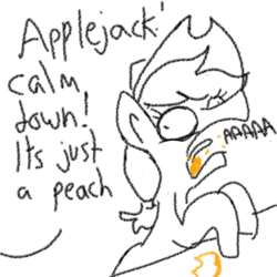 Size: 1280x1280 | Tagged: safe, artist:tjpones, applejack, earth pony, pony, g4, aaaaaaaaaa, dialogue, eating, female, food, offscreen character, partial color, peach, screaming, simple background, solo, white background