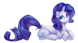 Size: 4500x2500 | Tagged: safe, artist:chocoladecatt, rarity, pony, unicorn, g4, colored pupils, cute, ear fluff, female, high res, mare, ponyloaf, pouting, prone, raribetes, simple background, solo, white background