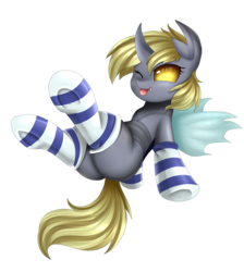 Size: 2550x2850 | Tagged: safe, artist:pridark, oc, oc only, changeling, butt, changeling oc, clothes, commission, cute, female, high res, holeless, looking at you, ocbetes, one eye closed, plot, simple background, smiling, socks, stockings, striped socks, thigh highs, tongue out, transparent background, wink, ych result, yellow changeling
