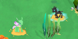 Size: 1000x500 | Tagged: safe, gameloft, frenulum (g4), changedling, changeling, g4, to where and back again, background changeling, canterlot, comparison, duo, game screencap, screenshots