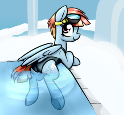 Size: 3520x3272 | Tagged: safe, artist:jetwave, windy whistles, pegasus, pony, g4, clothes, cloud, cute, female, goggles, high res, looking back, mare, mother, one-piece swimsuit, open-back swimsuit, solo, swimming pool, swimsuit, wings