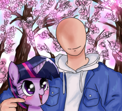 Size: 850x772 | Tagged: safe, artist:ehfkdl569, twilight sparkle, human, pony, unicorn, g4, blushing, cheek squish, cherry blossoms, cherry tree, clothes, cute, faceless male, flower, flower blossom, hoodie, horn, jacket, male, offscreen character, poking, smiling, squishy cheeks, tree