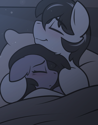 Size: 1280x1629 | Tagged: dead source, safe, artist:whitepone, oc, oc only, oc:pie, oc:starless night, pony, bed, female, male, nightpie, oc x oc, shipping, sleeping, snuggling, straight