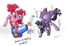 Size: 2232x1576 | Tagged: safe, artist:iduchan, pinkie pie, twilight sparkle, alicorn, earth pony, pony, g4, confetti, dancing, party, party cannon, twilight sparkle (alicorn)