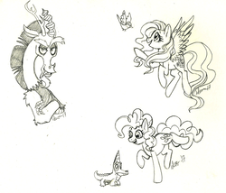 Size: 1899x1625 | Tagged: safe, artist:iduchan, discord, fluttershy, gummy, pinkie pie, bird, g4, hat, party hat, traditional art