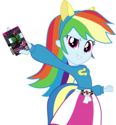 Size: 3188x3441 | Tagged: safe, artist:aqua-pony, edit, rainbow dash, equestria girls, g4, canterlot high, card, clothes, cute, decadriver, fake tail, female, helping twilight win the crown, high res, inkscape, kamen rider, kamen rider decade, pony ears, school spirit, simple background, skirt, smiling, solo, sweater, transparent background, vector, wondercolts, wondercolts uniform