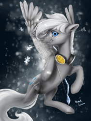 Size: 1500x2000 | Tagged: safe, artist:makkah, oc, oc only, oc:winter storm, pegasus, pony, arrow, bow (weapon), bow and arrow, female, flying, goggles, mare, request, requested art, smiling, solo, weapon