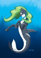 Size: 1100x1543 | Tagged: safe, artist:baron engel, oc, oc only, oc:marina (efnw), merpony, orca pony, original species, clothes, dorsal fin, female, fish tail, flowing mane, green mane, mare, ocean, open mouth, signature, smiling, solo, swimming, tail, underwater, underwear, water