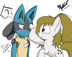 Size: 2700x2144 | Tagged: safe, artist:viejillox64art, artist:zidanemina, oc, oc:equalis, lucario, pony, blushing, boop, confused, crossover, equalis, high res, noseboop, pokémon