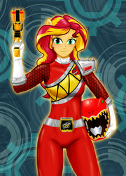 Size: 800x1109 | Tagged: safe, artist:aprion, sunset shimmer, equestria girls, g4, boots, clothes, cosplay, costume, crossover, dino charge, female, gaburivolver, gun, helmet, kyoryured, looking at you, morpher, ponied up, power rangers, power rangers dino charge, red ranger, saban, solo, super sentai, weapon, zyuden sentai kyoryuger